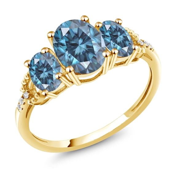 Gem Stone King 10K Yellow Gold Persian Blue Moissanite and White Diamond 3-Stone Engagement Ring for Women (2.32 Cttw, Oval 8X6MM and 6X4MM, Gemstone Birthstone, Size 7.5)