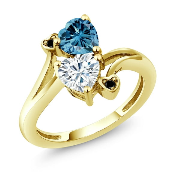 Gem Stone King 10K Yellow Gold Persian Blue Moissanite and White Moissanite and Black Diamond Engagement Ring for Women (1.63 Cttw, Gemstone Birthstone, Heart Shape 6MM, Size 5)