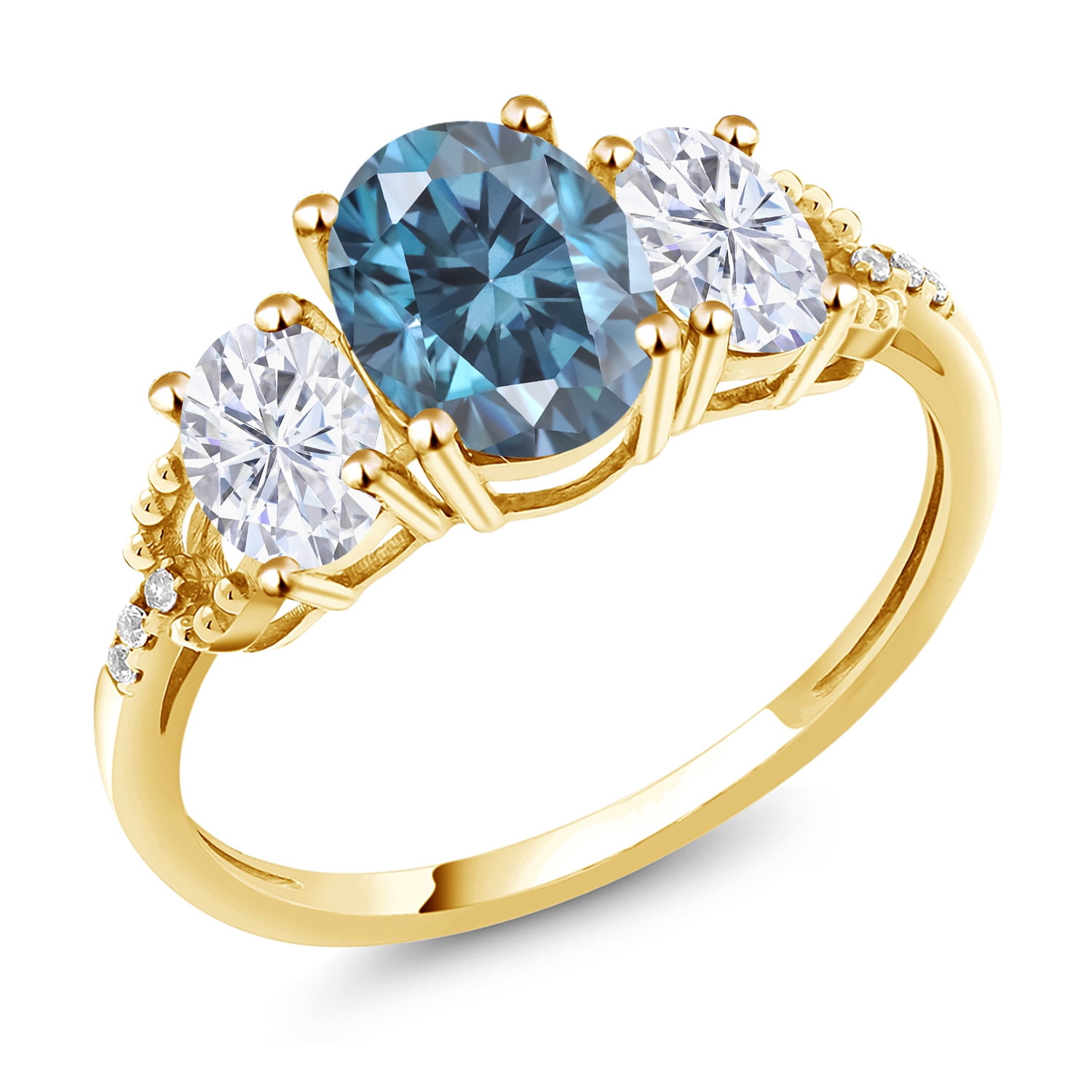 Gem Stone King 10K Yellow Gold Persian Blue Moissanite and White Moissanite and White Diamond 3-Stone Engagement Ring for Women (2.42 Cttw, Oval 8X6MM and 6X4MM, Gemstone Birthstone, Size 7)