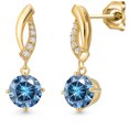 thumbnail image 1 of Gem Stone King 10K Yellow Gold Persian Blue Moissanite and Lab Grown Diamond Earrings for Women | 2.05 Cttw | Gemstone Birthstone | Round 6.5MM, 1 of 6