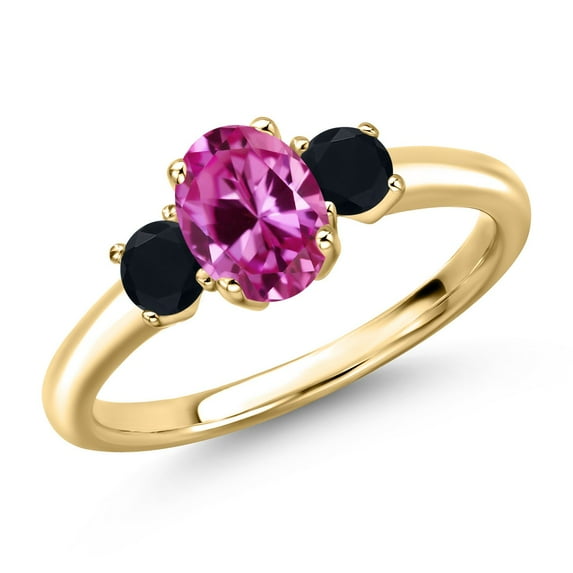 Gem Stone King 10K Yellow Gold Pink Created Sapphire and Black Onyx Engagement Ring for Women | 1.16 Cttw | Oval 7X5MM | Gemstone September Birthstone | Size 5