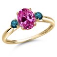 thumbnail image 1 of Gem Stone King 10K Yellow Gold Pink Created Sapphire and Blue Diamond 3-Stone Ring for Women | 1.85 Cttw | Oval 8X6MM | Gemstone September Birthstone | Size 7, 1 of 6
