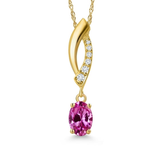 Gem Stone King 10K Yellow Gold Pink Created Sapphire and Lab Grown Diamond Pendant Necklace for Women | 0.53 Cttw | Gemstone September Birthstone | Oval 6X4MM | With 18 inch Chain