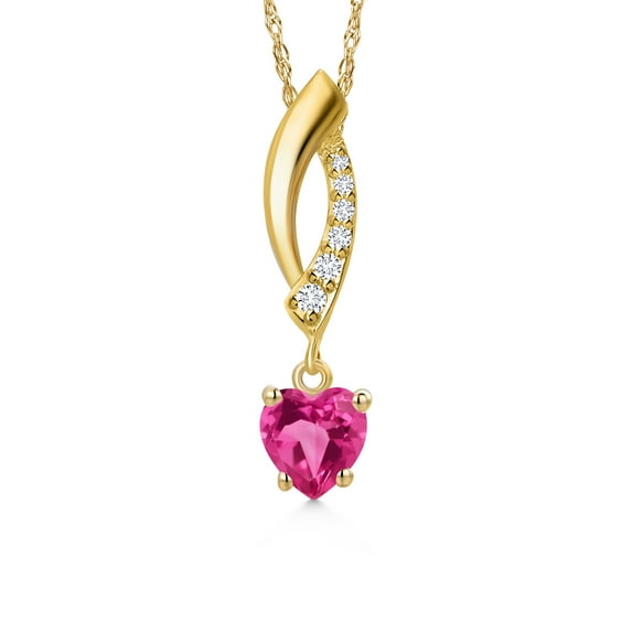 Gem Stone King 10K Yellow Gold Pink Created Sapphire and Lab Grown Diamond Pendant Necklace for Women | 0.63 Cttw | Gemstone September Birthstone | Heart Shape 5MM | With 18 inch Chain
