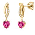 thumbnail image 1 of Gem Stone King 10K Yellow Gold Pink Created Sapphire and Lab Grown Diamond Dangle Earrings for Women | 1.25 Cttw | Gemstone September Birthstone | Heart Shape 5MM, 1 of 6