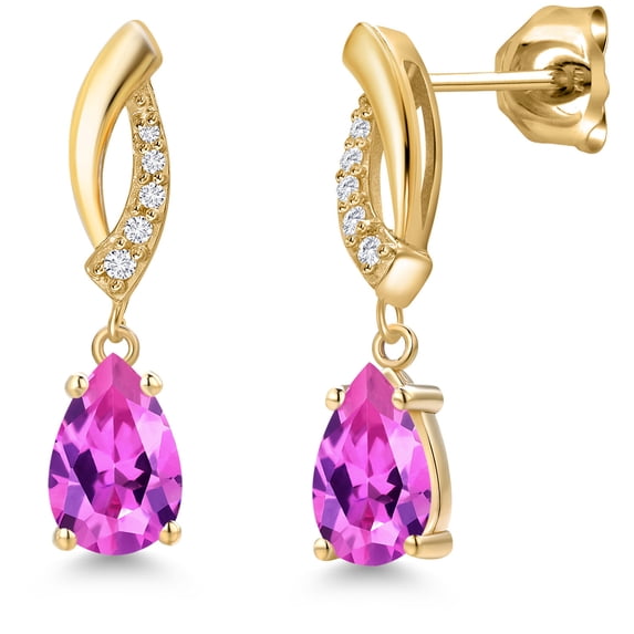 Gem Stone King 10K Yellow Gold Pink Created Sapphire and Lab Grown Diamond Stud Dangle Earrings for Women | 2.01 Cttw | Gemstone September Birthstone | Pear Shape 8X5MM