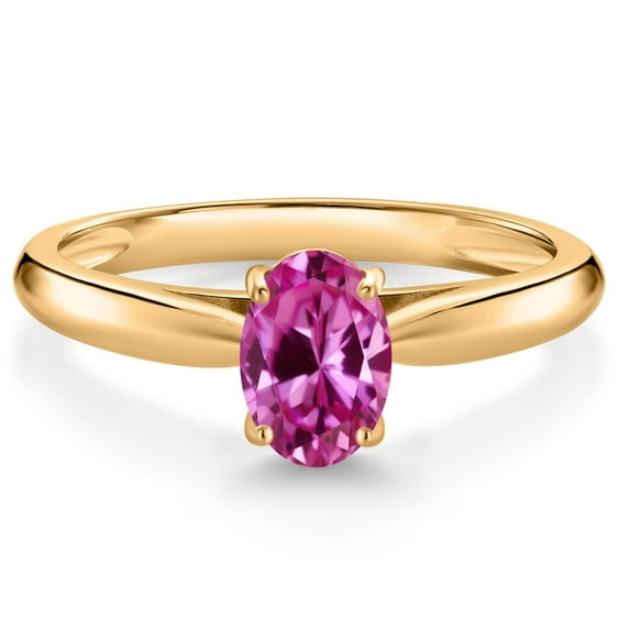 Gem Stone King 10K Yellow Gold Pink Created Sapphire Solitaire Engagement Ring for Women (0.90 Cttw, Oval 7X5MM, Gemstone September Birthstone, Available in Size 5, 6, 7, 8, 9)