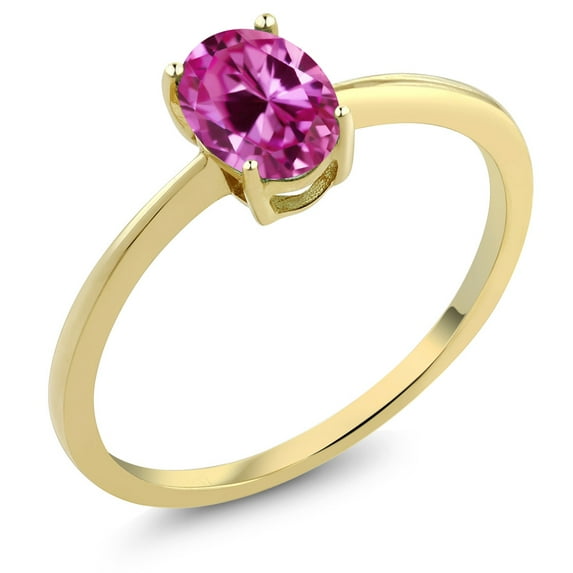 Gem Stone King 10K Yellow Gold Pink Created Sapphire Solitaire Engagement Ring for Women (0.90 Cttw, Oval 7X5MM, Gemstone September Birthstone, Size 10)