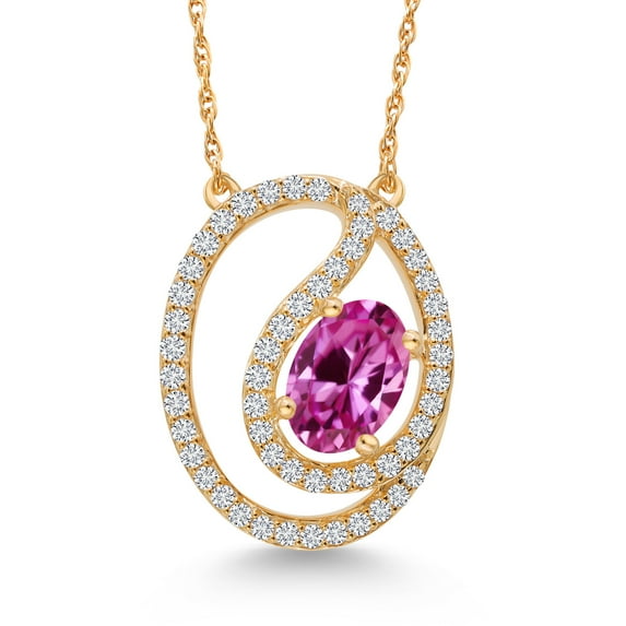 Gem Stone King 10K Yellow Gold Pink Created Sapphire and White Lab Grown Diamond Pendant Necklace for Women (0.71 Cttw, Gemstone September Birthstone, Oval 6X4MM, with 18 inch Chain)