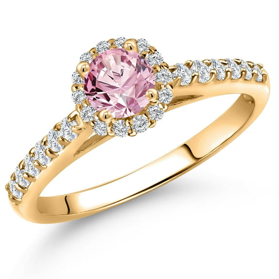 Gem Stone King 10K Yellow Gold Pink and White Lab Grown Diamond Engagement Ring for Women | 0.79 Cttw | Round 5MM | Gemstone April Birthstone | Size 7