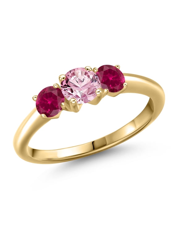 10K Yellow Gold Pink Lab Grown Diamond and Red Created Ruby Engagement Ring for Women | 1.00 Cttw | Round 5MM | Gemstone April Birthstone | Size 7