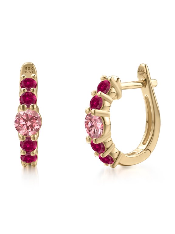 10K Yellow Gold Pink Lab Grown Diamond and Red Created Ruby Hoop Earrings for Women | 0.98 Cttw | Gemstone April Birthstone | Round 4MM
