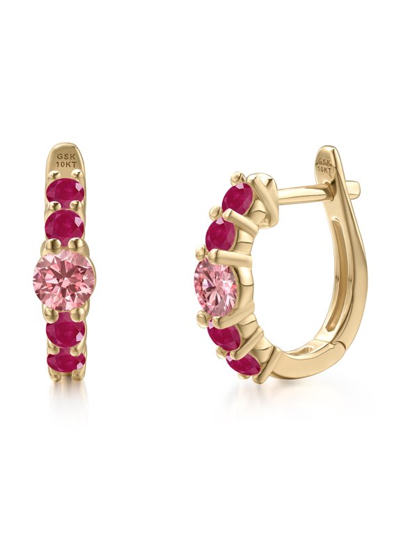 10K Yellow Gold Pink Lab Grown Diamond and Red Ruby Hoop Earrings for Women | 0.98 Cttw | Gemstone April Birthstone | Round 4MM