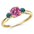 thumbnail image 1 of Gem Stone King 10K Yellow Gold Pink Moissanite and London Blue Topaz 3-Stone Ring for Women | 1.06 Cttw | Round 6MM | Gemstone Birthstone | Size 8, 1 of 6
