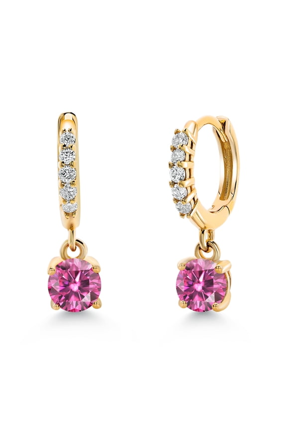 10K Yellow Gold Pink Moissanite and White Lab Grown Diamond Dangle Drop Huggie Hoop Earrings for Women (0.56 Cttw, Gemstone, Round 4MM)