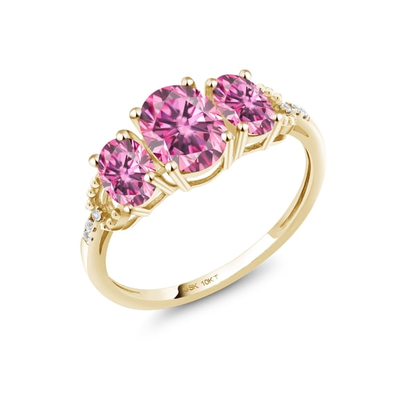 Gem Stone King 10K Yellow Gold Pink Moissanite and White Diamond Engagement 3-Stone Engagement Ring for Women (1.84 Cttw, Size 5)