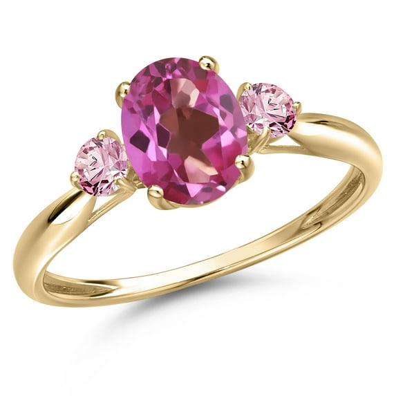 Gem Stone King 10K Yellow Gold Pink Mystic Topaz and Pink Lab Grown Diamond 3-Stone Ring for Women | 1.56 Cttw | Oval 8X6MM | Gemstone November Birthstone | Size 7