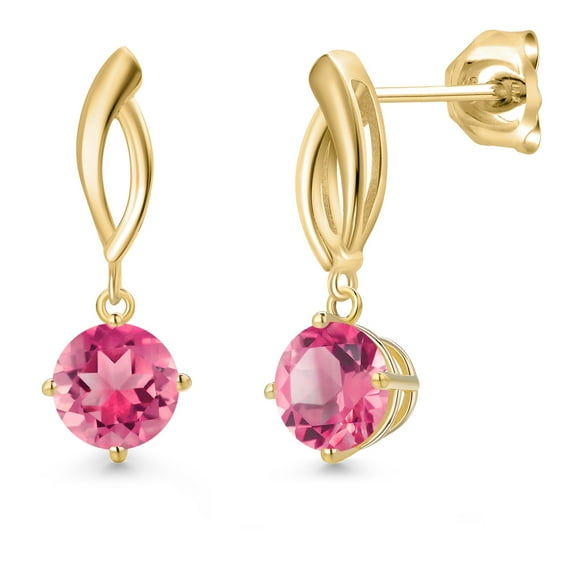 Gem Stone King 10K Yellow Gold Pink Mystic Topaz Stud Dangle Earrings for Women | 3.00 Cttw | Gemstone November Birthstone | Round 6MM
