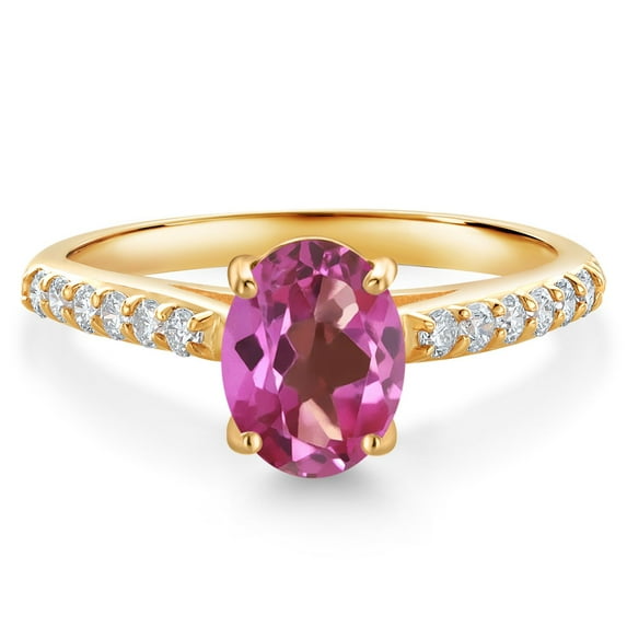 Gem Stone King 10K Yellow Gold Pink Mystic Topaz and White Lab Grown Diamond Engagement Ring for Women (1.48 Cttw, Oval 8X6MM, Gemstone Birthstone, Size 5)