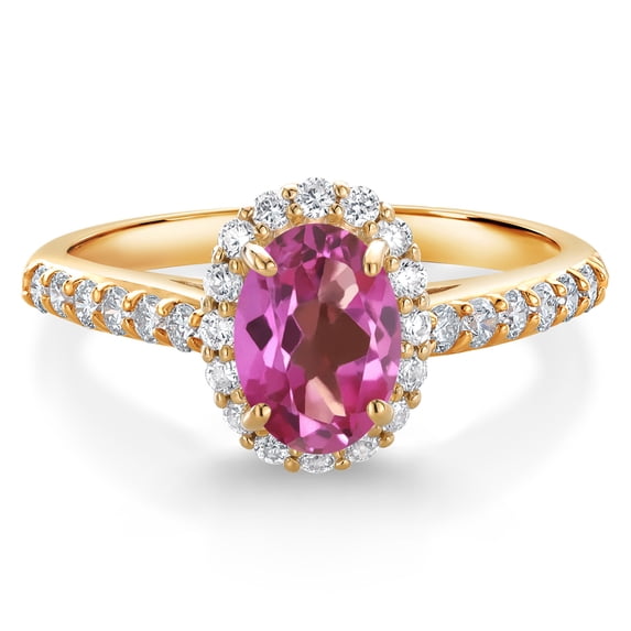 Gem Stone King 10K Yellow Gold Pink Mystic Topaz and White Lab Grown Diamond Halo Engagement Ring for Women (1.11 Cttw, Gemstone, Oval 7X5MM)