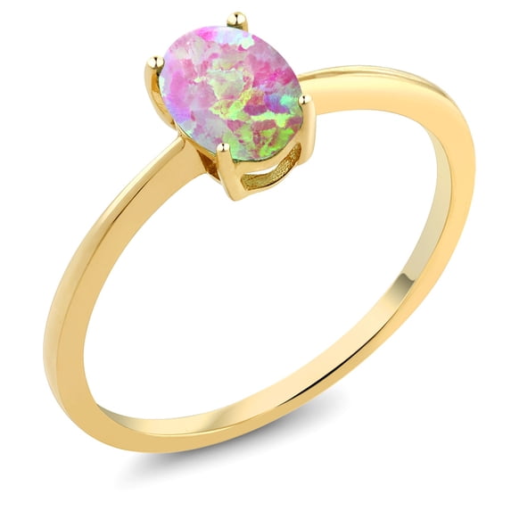 Gem Stone King 10K Yellow Gold Pink Simulated Opal Solitaire Engagement Ring for Women (0.63 Cttw, Oval Cabochon 7X5MM, Gemstone October Birthstone, Size 6.5)
