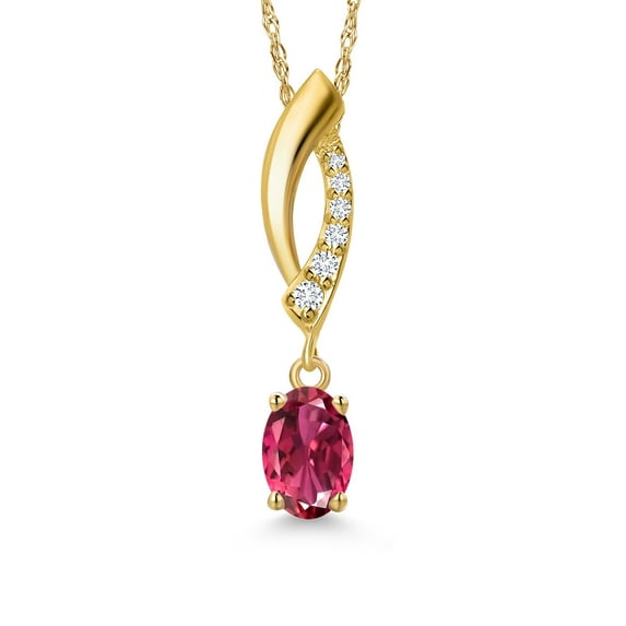 Gem Stone King 10K Yellow Gold Pink Tourmaline and Lab Grown Diamond Pendant Necklace for Women | 0.51 Cttw | Gemstone October Birthstone | Oval 6X4MM | With 18 inch Chain