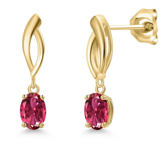 Gem Stone King 10K Yellow Gold Pink Tourmaline Stud Dangle Earrings for Women | 0.95 Cttw | Gemstone October Birthstone | Oval 6X4MM
