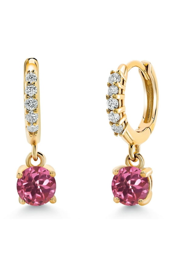 10K Yellow Gold Pink Tourmaline and White Lab Grown Diamond Dangle Drop Huggie Hoop Earrings for Women (0.60 Cttw, Gemstone October Birthstone, Round 4MM)