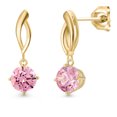 thumbnail image 1 of Gem Stone King 10K Yellow Gold Pink Zirconia Stud Dangle Earrings for Women | 3.00 Cttw | Gemstone Birthstone | Round 6MM, 1 of 6