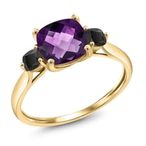 Gem Stone King 10K Yellow Gold Purple Amethyst and Black Onyx Engagement Ring for Women | 1.66 Cttw | Cushion Checkerboard 7MM | Gemstone February Birthstone | Size 7