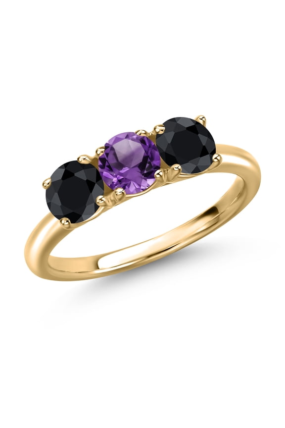 10K Yellow Gold Purple Amethyst and Black Sapphire Engagement Ring for Women | 1.86 Cttw | Round 5MM | Gemstone February Birthstone | Size 6