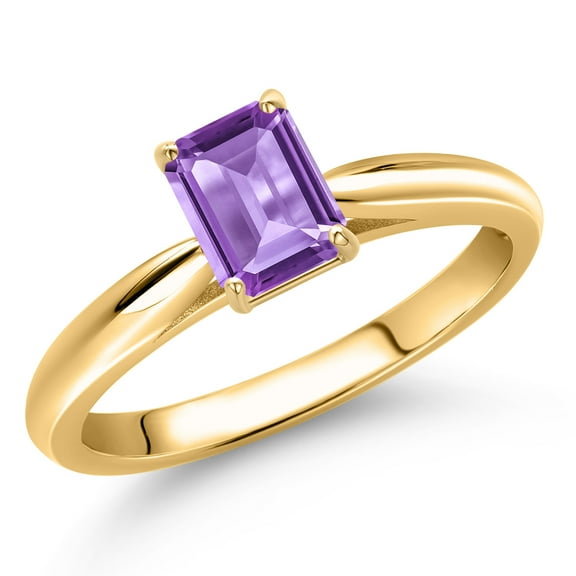Gem Stone King 10K Yellow Gold Purple Amethyst Engagement Ring for Women | 0.52 Cttw | Emerald Cut 6X4MM | Gemstone February Birthstone | Size 8