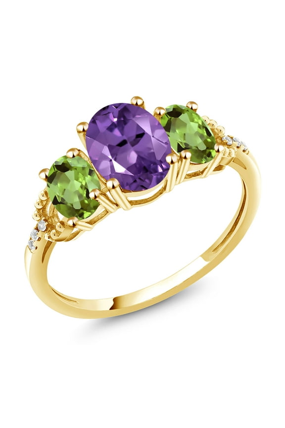 10K Yellow Gold Purple Amethyst Green Peridot and Diamond Accent Engagement Ring for Women | 2.19 Cttw | Oval 8X6MM and 6X4MM | Wedding Engagement Anniversary Ring | Size 7
