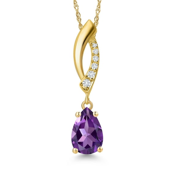 Gem Stone King 10K Yellow Gold Purple Amethyst and Lab Grown Diamond Pendant Necklace for Women | 0.81 Cttw | Gemstone February Birthstone | Pear Shape 8X5MM | With 18 inch Chain