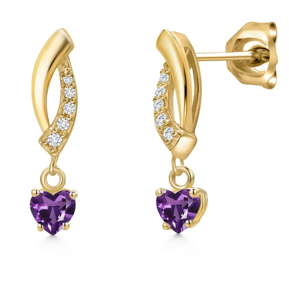 Gem Stone King 10K Yellow Gold Purple Amethyst and Lab Grown Diamond Dangle Earrings for Women | 0.55 Cttw | Gemstone February Birthstone | Heart Shape 4MM