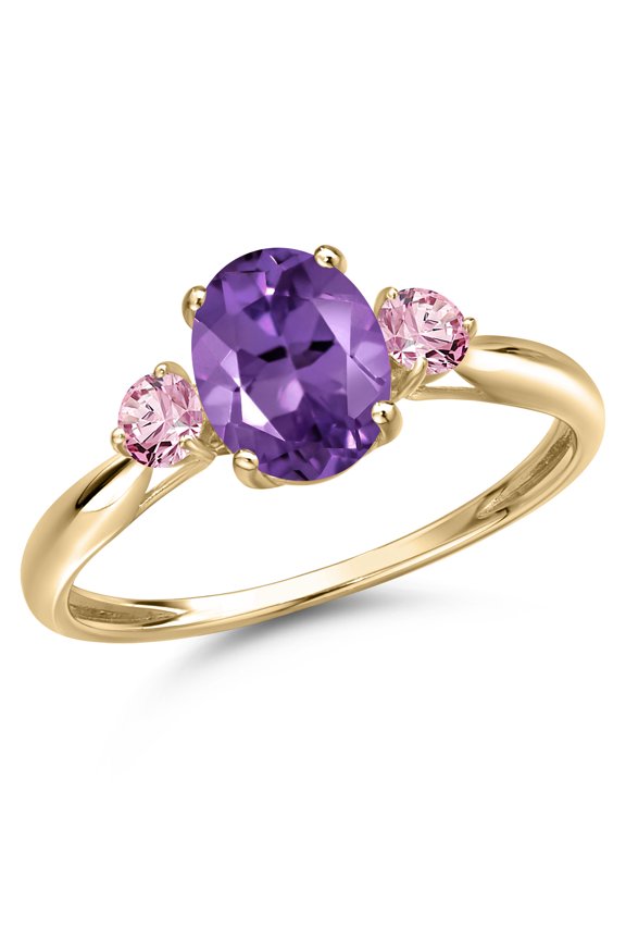 10K Yellow Gold Purple Amethyst and Pink Lab Grown Diamond 3-Stone Ring for Women | 1.41 Cttw | Oval 8X6MM | Gemstone February Birthstone | Size 6