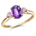 thumbnail image 1 of Gem Stone King 10K Yellow Gold Purple Amethyst and Pink Lab Grown Diamond 3-Stone Ring for Women | 1.46 Cttw | Oval Checkerboard 8X6MM | Gemstone February Birthstone | Size 7, 1 of 6