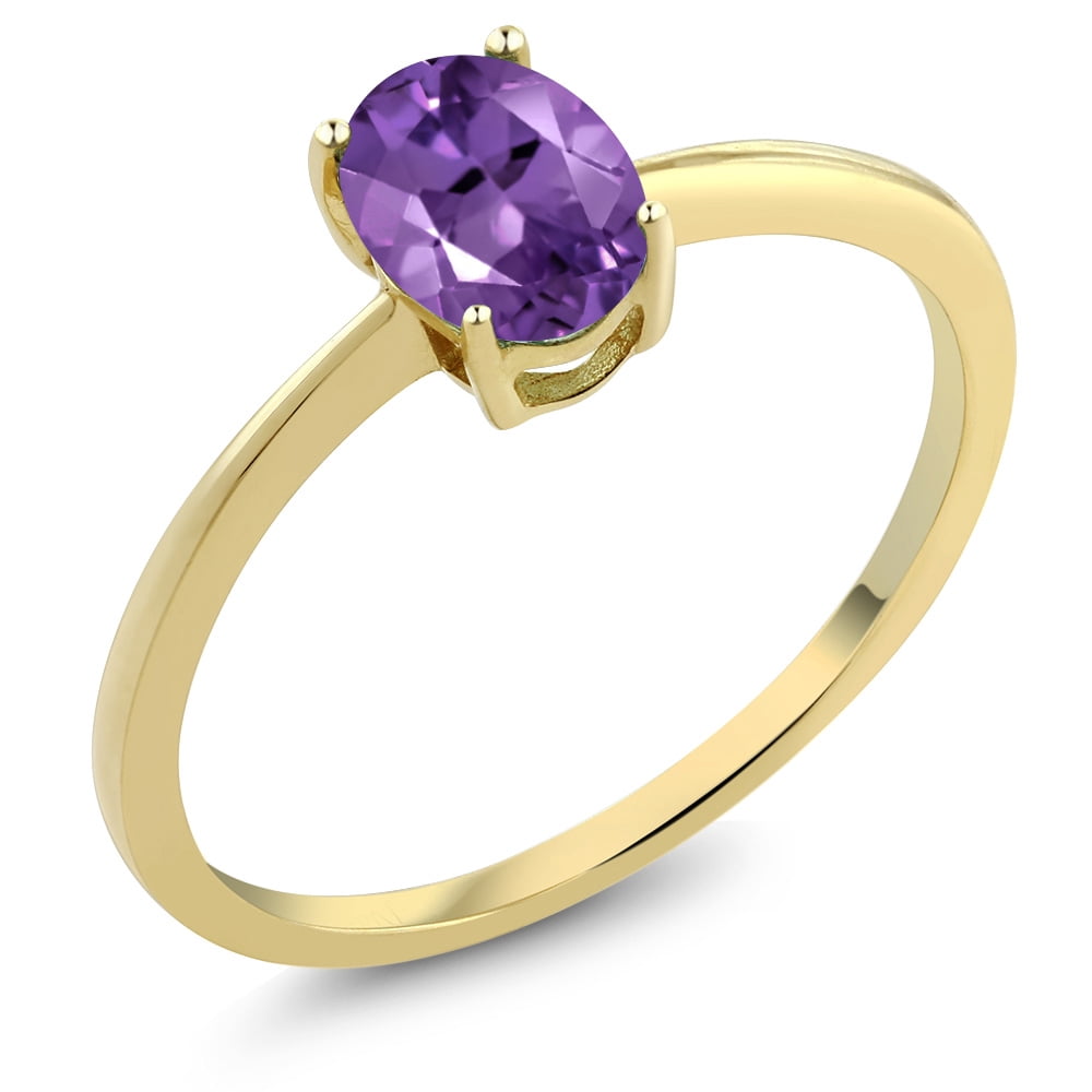 Gem Stone King 10K Yellow Gold Purple Amethyst Solitaire Engagement Ring | 0.75 Cttw | Oval 7X5MM | Gemstone Birthstone, | Wedding Anniversary Promise Gold Ring for Women
