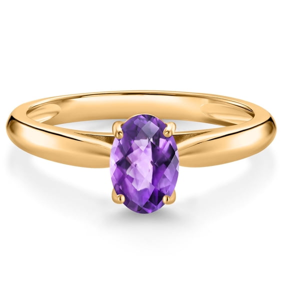 Gem Stone King 10K Yellow Gold Purple Amethyst Solitaire Engagement Ring for Women (0.75 Cttw, Oval Checkerboard 7X5MM, Gemstone February Birthstone, Size 6)
