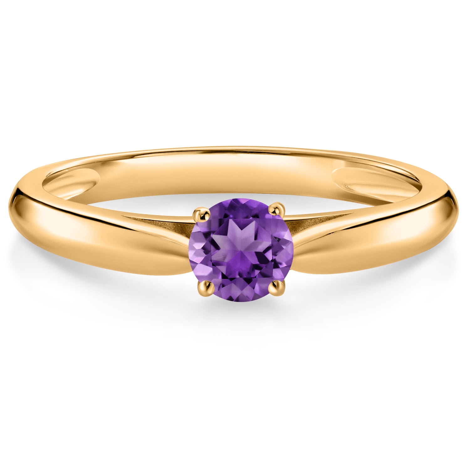 Gem Stone King 10K Yellow Gold Purple Amethyst Solitaire Engagement Ring for Women (0.25 Cttw, Gemstone February Birthstone, Round 4MM)