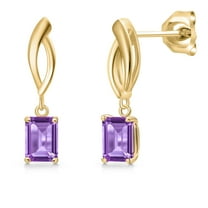 Gem Stone King 10K Yellow Gold Purple Amethyst Stud Dangle Earrings for Women | 1.04 Cttw | Gemstone February Birthstone | Emerald Cut 6X4MM