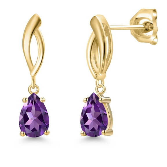 Gem Stone King 10K Yellow Gold Purple Amethyst Stud Dangle Earrings for Women | 1.28 Cttw | Gemstone February Birthstone | Pear Shape 7X5MM