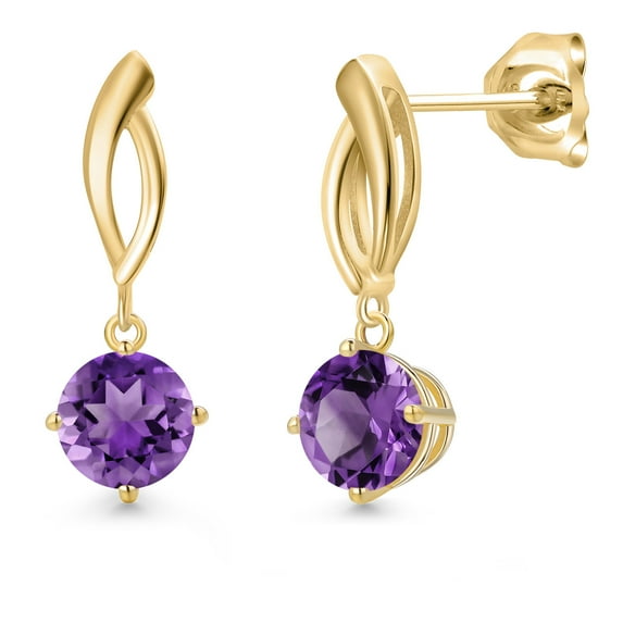 Gem Stone King 10K Yellow Gold Purple Amethyst Stud Dangle Earrings for Women | 2.00 Cttw | Gemstone February Birthstone | Round 6MM