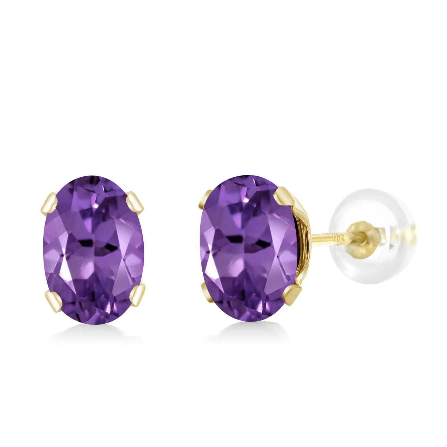Gem Stone King 10K Yellow Gold Purple Amethyst Stud Earrings for Women Men (0.90 Cttw, Gemstone February Birthstone, Oval 6X4MM)