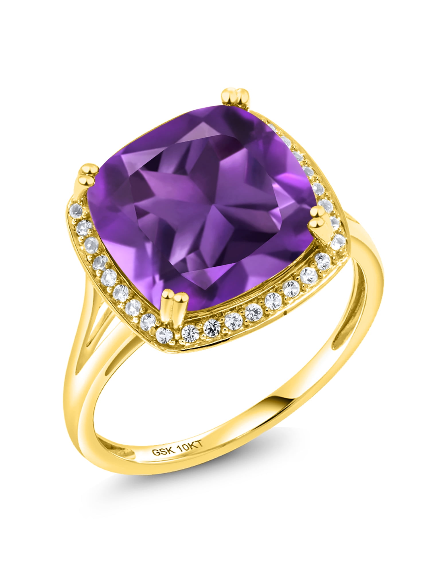 Gem Stone King 10K Yellow Gold Purple Amethyst and White Created Sapphire Ring For Women (6.74
