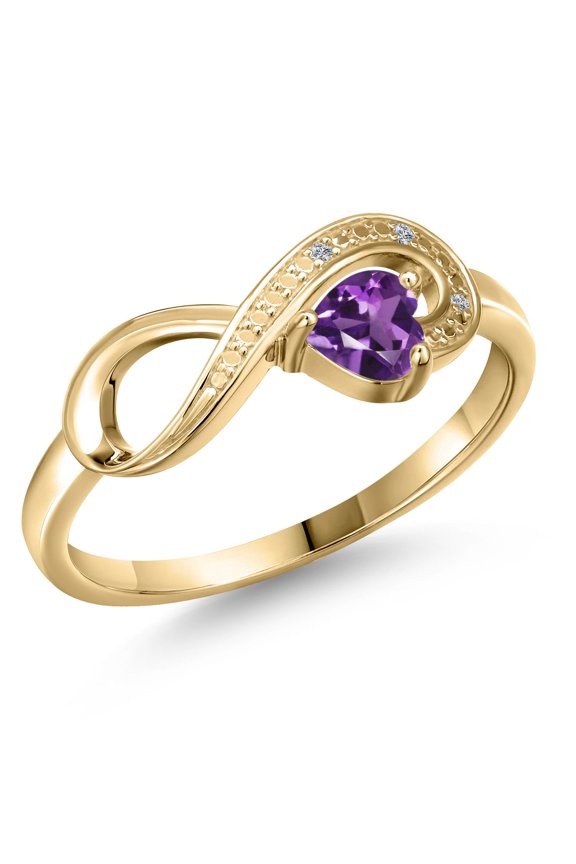10K Yellow Gold Purple Amethyst and White Diamond Accent Infinity Ring for Women (0.25 Cttw, Heart Shape 4MM, Gemstone February Birthstone, Size 6)
