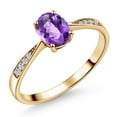 thumbnail image 1 of Gem Stone King 10K Yellow Gold Purple Amethyst and White Diamond Engagement Ring for Women (0.81 Cttw, Gemstone February Birthstone, Oval Checkerboard 7X5MM, Available in Size 5, 6, 7, 8, 9), 1 of 5