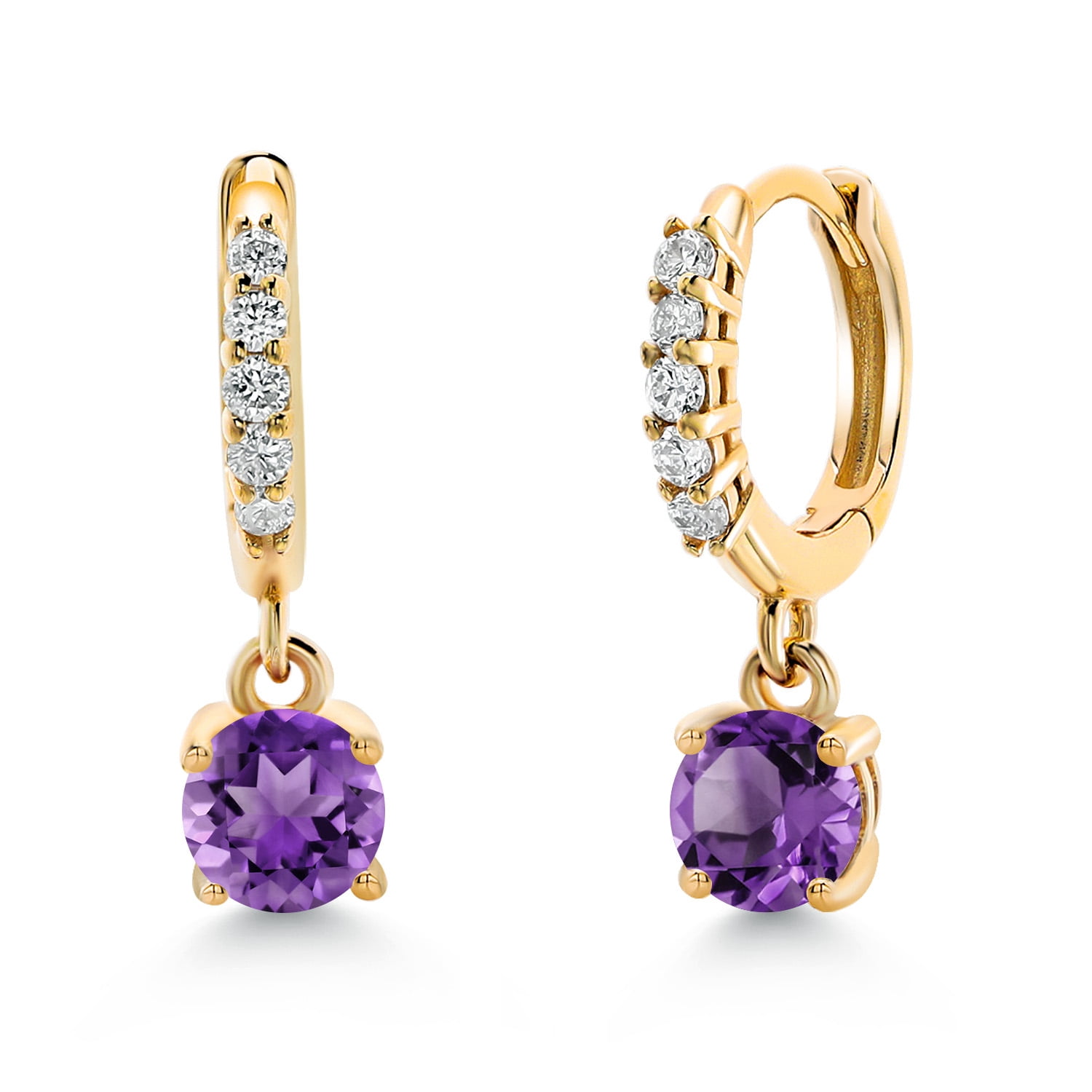 Gem Stone King 10K Yellow Gold Purple Amethyst and White Lab Grown Diamond Dangle Drop Huggie Hoop Earrings for Women (0.60 Cttw, Gemstone February Birthstone, Round 4MM)