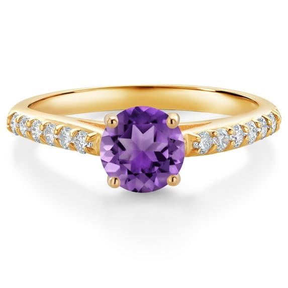 Gem Stone King 10K Yellow Gold Purple Amethyst and White Lab Grown Diamond Engagement Ring for Women (1.18 Cttw, Gemstone February Birthstone, Round 6MM, Size 5)