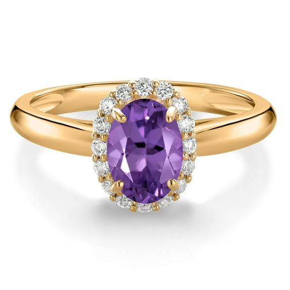 Gem Stone King 10K Yellow Gold Purple Amethyst and White Lab Grown Diamond Halo Engagement Ring for Women (0.88 Cttw, Gemstone February Birthstone, Oval 7X5MM, Size 5)